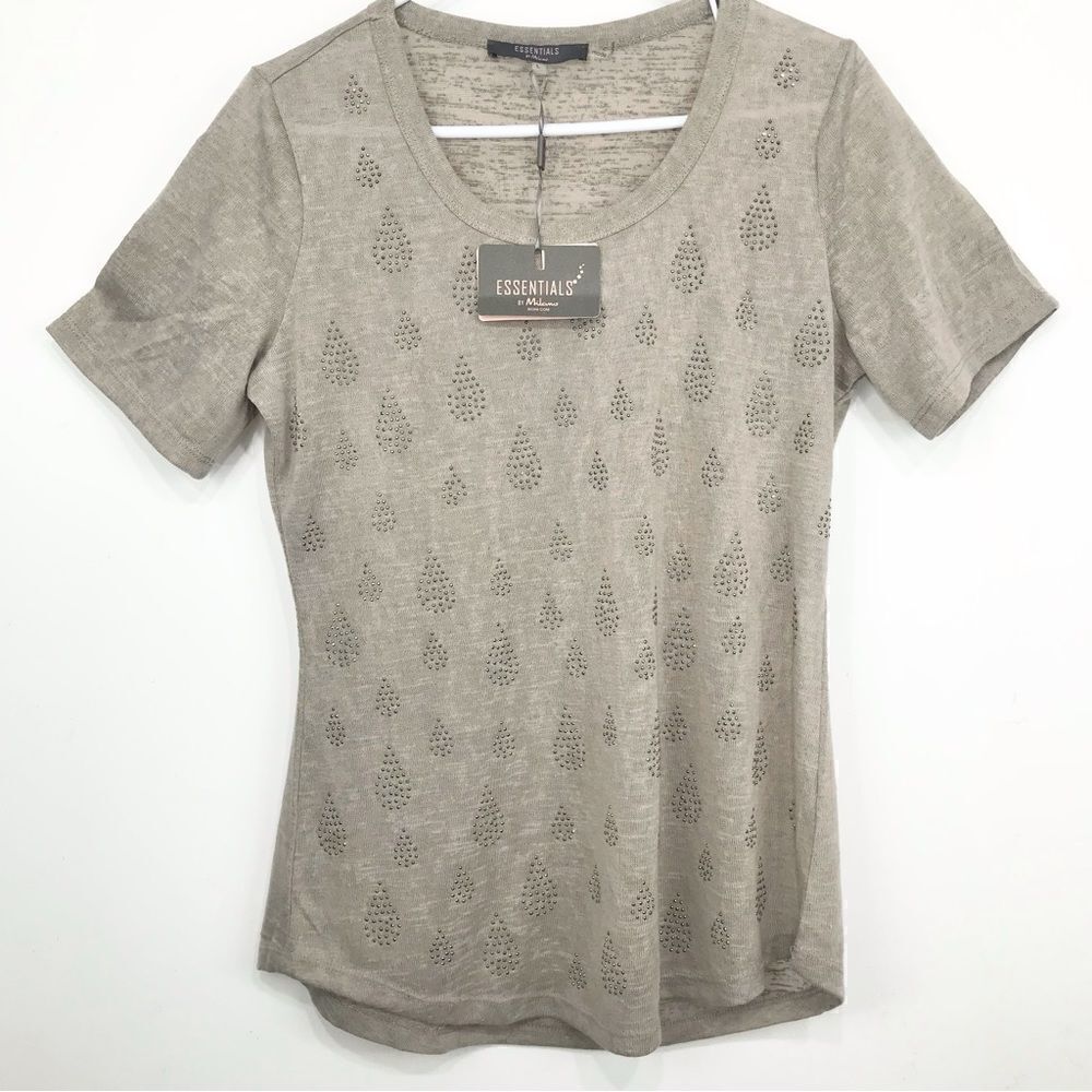 Essentials by Milano Taupe Gauzy Knit Stud Embellished Lightweight Short Sleeve